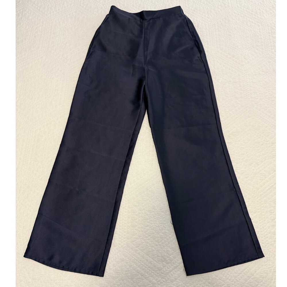 Miss Selfridge Satin Wide Leg Trousers Navy Blue Elastic Waist Women's Size 4